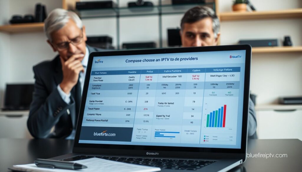 A well-organized workspace showcasing the process of comparing and choosing an IPTV provider. In the foreground, a laptop displays various IPTV provider options side by side, with charts and graphs highlighting features and pricing. Beside the laptop, a notepad with notes and a pen can be seen. In the middle ground, a middle-aged professional in business attire thoughtfully examines the screen, indicating focus and decision-making. The background features a modern office setting with shelves holding multimedia devices, like streaming boxes and remotes, emphasizing technology. Soft, diffused lighting illuminates the scene, creating a calm, analytical atmosphere. The image subtly incorporates the branding of "bluefireiptv.com" on the laptop screen, enhancing its relevance without being obtrusive.