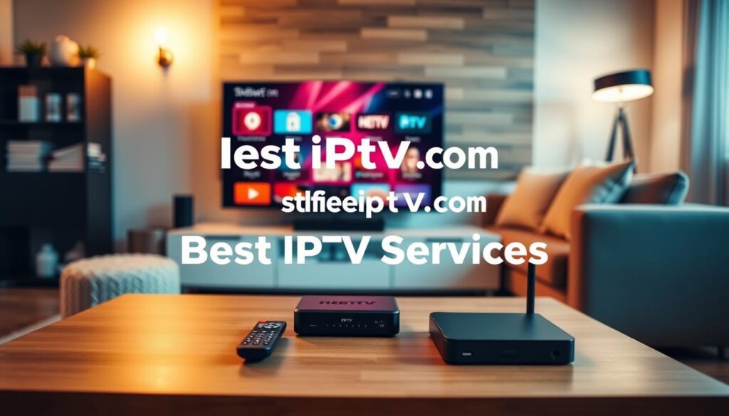 An inviting and modern living room setup featuring a sleek flat-screen TV displaying vibrant streaming content, emphasizing "Best IPTV Services" without any text. In the foreground, a stylish coffee table holds a remote control and a digital device symbolizing an IPTV box. The middle ground showcases a smart TV with icons representing various streaming services. The background features ambient lighting with a warm glow, creating a comfortable atmosphere. A cozy sofa is adorned with throw pillows, suggesting relaxation. Soft shadows enhance the scene, shot from a slight angle to give depth. The brand logo "bluefireiptv.com" subtly displayed on the TV screen adds a touch of professionalism to the image, perfect for illustrating tips to protect IPTV viewing experiences. An inviting and modern living room setup featuring a sleek flat-screen TV displaying vibrant streaming content, emphasizing "Best IPTV Services" without any text. In the foreground, a stylish coffee table holds a remote control and a digital device symbolizing an IPTV box. The middle ground showcases a smart TV with icons representing various streaming services. The background features ambient lighting with a warm glow, creating a comfortable atmosphere. A cozy sofa is adorned with throw pillows, suggesting relaxation. Soft shadows enhance the scene, shot from a slight angle to give depth. The brand logo "bluefireiptv.com" subtly displayed on the TV screen adds a touch of professionalism to the image, perfect for illustrating tips to protect IPTV viewing experiences.