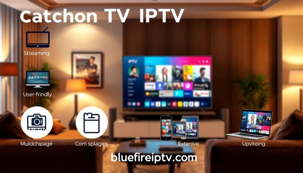 An organized and visually striking infographic depicting the key features of Catchon TV IPTV. In the foreground, showcase icons representing streaming, user-friendly interface, multi-device compatibility, and extensive channel offerings. In the middle ground, incorporate a sleek, modern television and various devices (tablet, phone, laptop) displaying vibrant visuals. The background should feature a stylish living room setting with ambient lighting that evokes a cozy yet sophisticated atmosphere. Use a balanced composition with a slight tilt angle to give dynamism, focusing on the accessories that enhance the IPTV experience. The overall tone should be inviting and informative, suitable for a tech-savvy audience. Include the brand name "bluefireiptv.com" subtly integrated into the design without text overlays.
