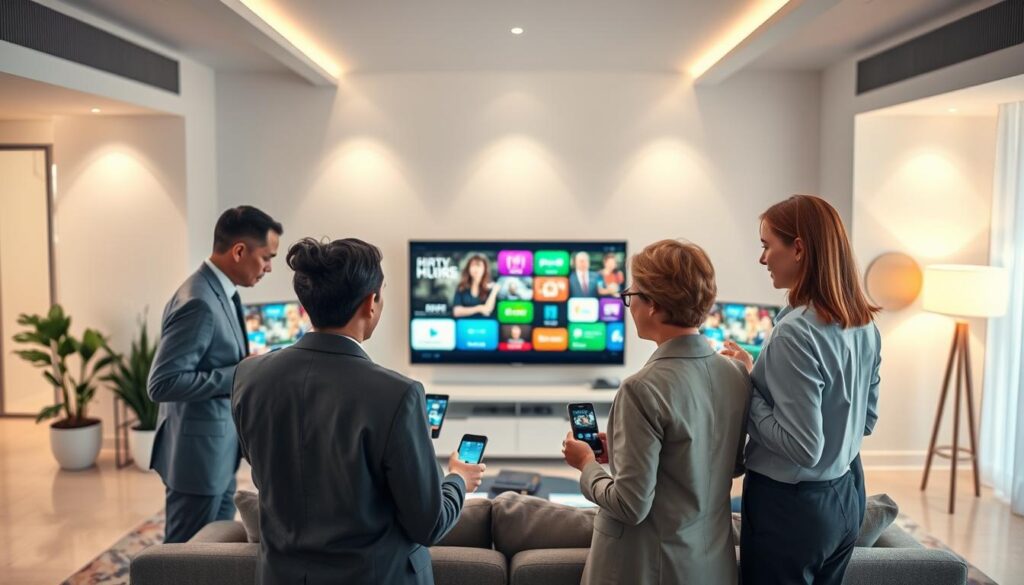 An overview of IPTV services in the USA, showcasing various elements of modern streaming technology and user engagement. In the foreground, depict a diverse group of people, dressed in professional business attire, interacting with smart devices and streaming content. In the middle ground, feature devices such as smart TVs, tablets, and mobile phones displaying vibrant, colorful IPTV interfaces. The background should illustrate a sleek, high-tech living room environment with soft, ambient lighting creating a cozy yet modern atmosphere. Use a wide-angle lens to capture the scene, emphasizing the engagement and excitement around IPTV services. The mood should convey innovation and connectivity, with an emphasis on the brand "bluefireiptv.com".