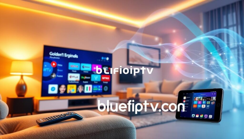 Create a visually appealing composition illustrating the key features of the IPTV Golden Streaming Service. In the foreground, depict a sleek, modern smart TV displaying a vibrant user interface with various channels and categories. Include a stylish remote control resting beside it. In the middle ground, integrate elements like a tablet and a smartphone showcasing the IPTV app in a dynamic family living room setting, with plush furnishings and ambient lighting creating a cozy atmosphere. In the background, present abstract digital elements symbolizing streaming technology, such as flowing data streams or a soft, glowing cloud network. Focus on warm lighting to evoke a welcoming mood. Emphasize the brand "bluefireiptv.com" subtly in the design, ensuring a seamless integration into the scene.
