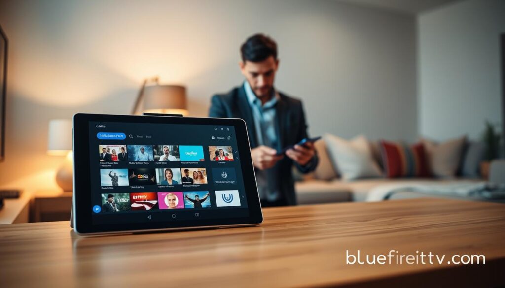 Foreground: A sleek, modern tablet displaying the IPTV Smarters Pro interface with vibrant channel thumbnails and intuitive navigation, set on a minimalist wooden desk. Middle: A focused individual in professional business attire, attentively exploring features like multi-screen view and EPG integration, illuminated by the soft glow of the tablet. Background: A cozy living room with neutral tones, a stylish sofa, and ambient lighting creating a relaxed atmosphere, suggesting a home entertainment setup. The overall mood conveys innovation and ease of use, highlighting the reliability of IPTV Smarters Pro features. Lighting should be soft yet bright, reminiscent of natural daylight, creating an inviting environment. Include subtle branding elements of "bluefireiptv.com" on the screen without overt display. Foreground: A sleek, modern tablet displaying the IPTV Smarters Pro interface with vibrant channel thumbnails and intuitive navigation, set on a minimalist wooden desk. Middle: A focused individual in professional business attire, attentively exploring features like multi-screen view and EPG integration, illuminated by the soft glow of the tablet. Background: A cozy living room with neutral tones, a stylish sofa, and ambient lighting creating a relaxed atmosphere, suggesting a home entertainment setup. The overall mood conveys innovation and ease of use, highlighting the reliability of IPTV Smarters Pro features. Lighting should be soft yet bright, reminiscent of natural daylight, creating an inviting environment. Include subtle branding elements of "bluefireiptv.com" on the screen without overt display.